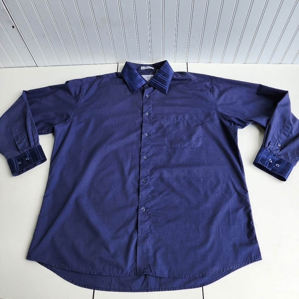 Karl Knox Mens Single Needle Dress Shirt Navy Blue Long Sleeve Satin Trim 18.5